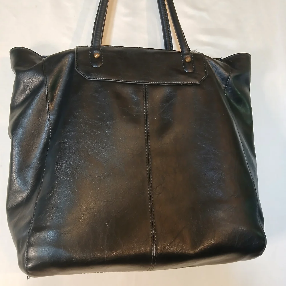 Black Vegan Leather Unisex Maxi Tote Shoulder Bag 15x18
